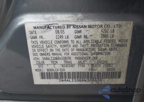 2006 Nissan Altima 2.5 S from USA, damaged, VIN 1N4AL11D66N308696